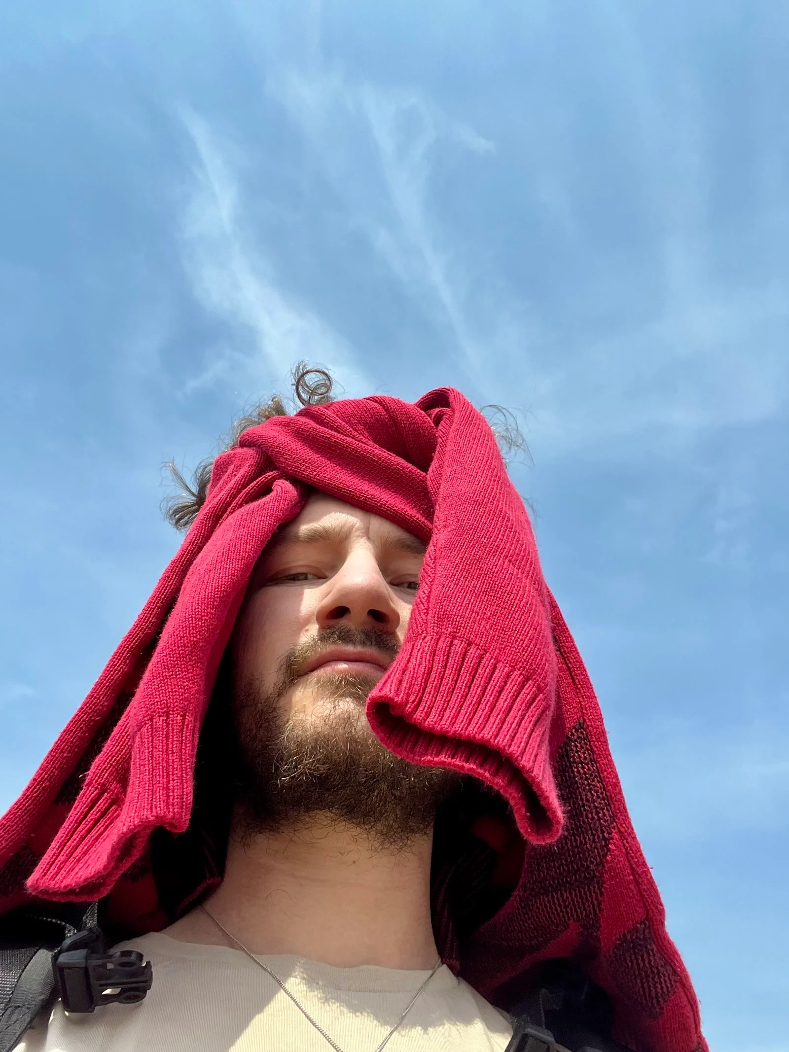 A person wearing a red scarf against a bright blue sky.